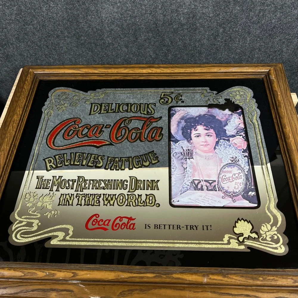 Vintage Coca-Cola Advertising Mirror Wood Frame Relieves Fatigue Victorian Lady